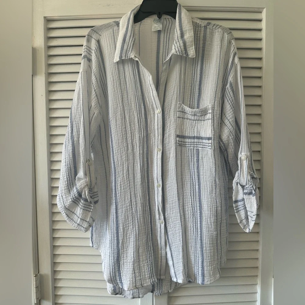 Kona Sol Size Small Gauze Blue & White Stripe Oversized Button Up Swim Coverup - Picture 3 of 6